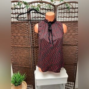 Worthington Black/Red Printed Ruffled with velvet Tie Blouse/Top dressy shirt